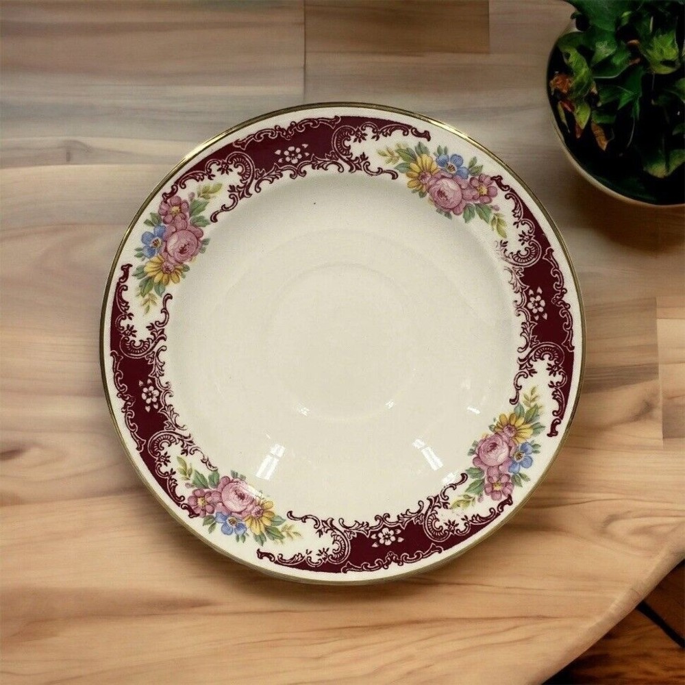Homer Laughlin Floral Burgundy J39 N6 Saucer Made In USA Single Vintage